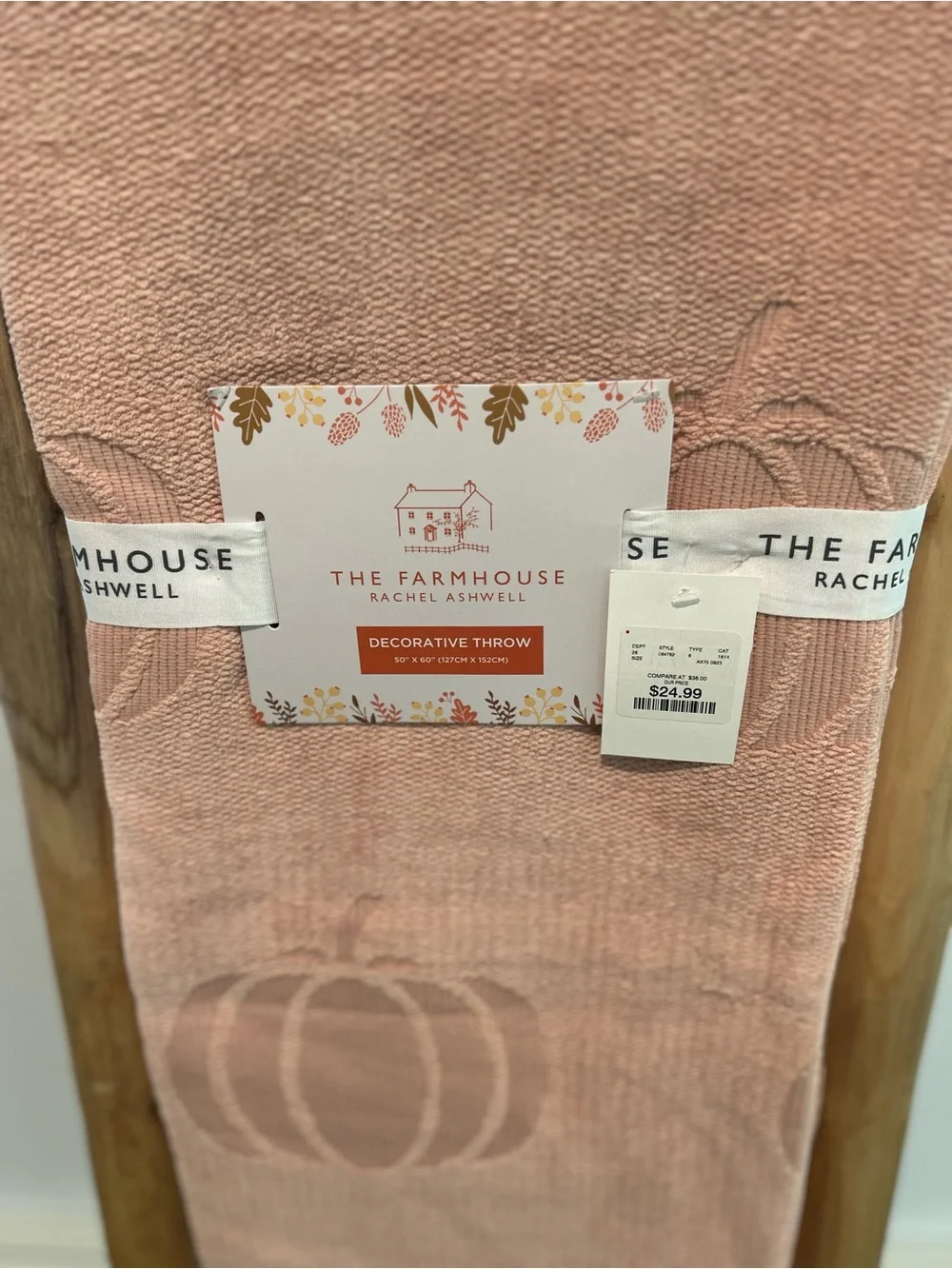 NWT Farmhouse Rachel Ashwell Dusty Rose Pumpkin Knit Fringe Throw Blanket